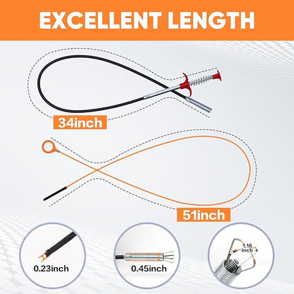 51inch Drain Hair Remover(6pack),34inch Drain Clog Remover(1pack),Drain Auger Cleaner Tool Set For Toilet, Kitchen Sink, Bathroom Tub, 7 Pack