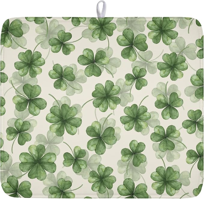 St Patrick's Day Green Clover Dish Drying Mat for Kitchen Counter Spring Holiday Watercolor Lucky Shamrock Drying Mat 16x18 Inch Absorbent Dish Drainer Mat Kitchen Accessories