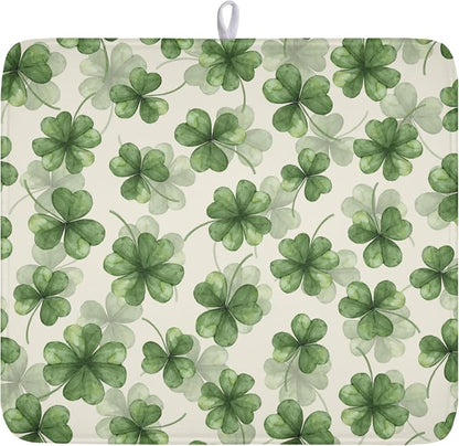 St Patrick's Day Green Clover Dish Drying Mat for Kitchen Counter Spring Holiday Watercolor Lucky Shamrock Drying Mat 16x18 Inch Absorbent Dish Drainer Mat Kitchen Accessories