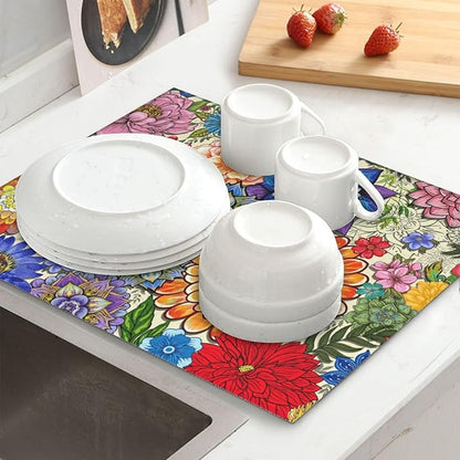 Boho Floral Dish Drying Mats for Kitchen Counter, Absorbent Microfiber Colorful Drying Pad for Dishes, Spring Easter Washable Decorative Kitchen Mat for Dining Area Sink, Home Decor, 16" x 18"