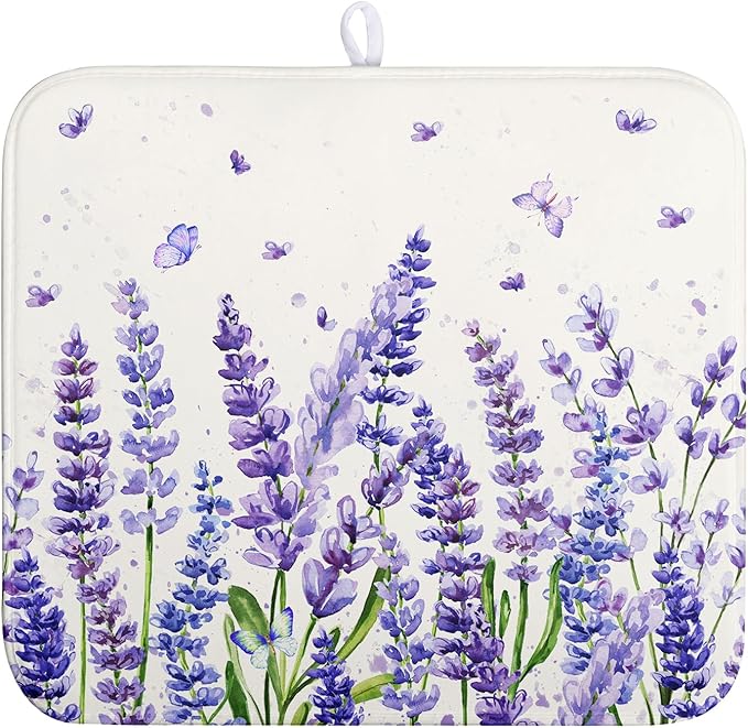 Purple Lavender Dish Drying Mat for Kitchen Counter Spring Summer Flower Floral Dishes Drainer Mats Absorbent Microfiber Dish Drying Pad Washable Dish Draining Mat Medium 16x18 Inch