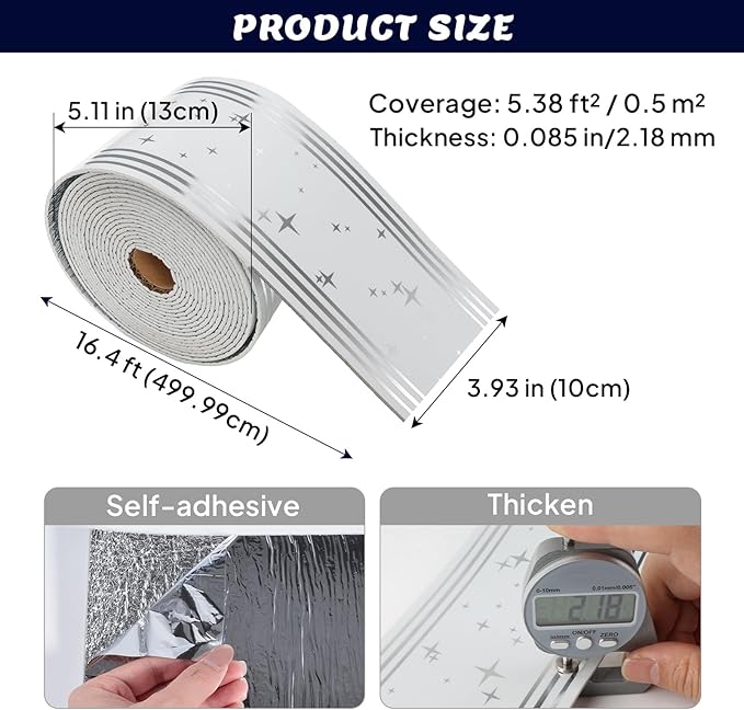Thick Peel and Stick Wallpaper Borders, 3.93" x 196.8" PVC+XPE Mirror Border, Self-Adhesive Baseboard Trim for Interior Wall, Bathroom & Kitchen Upgrades, 1 Pc