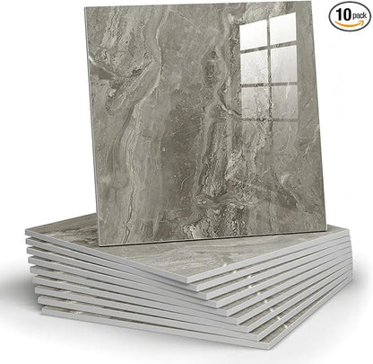 Chejiaye 10pcs Marble Peel and Stick Backsplash Waterproof Washroom Wall Panels, Peel and Stick Tile, PVC Wall Panels for Kitchen (Grey Marble Tiles, 11.8" x 11.8" x2.5MM x 10Pack)
