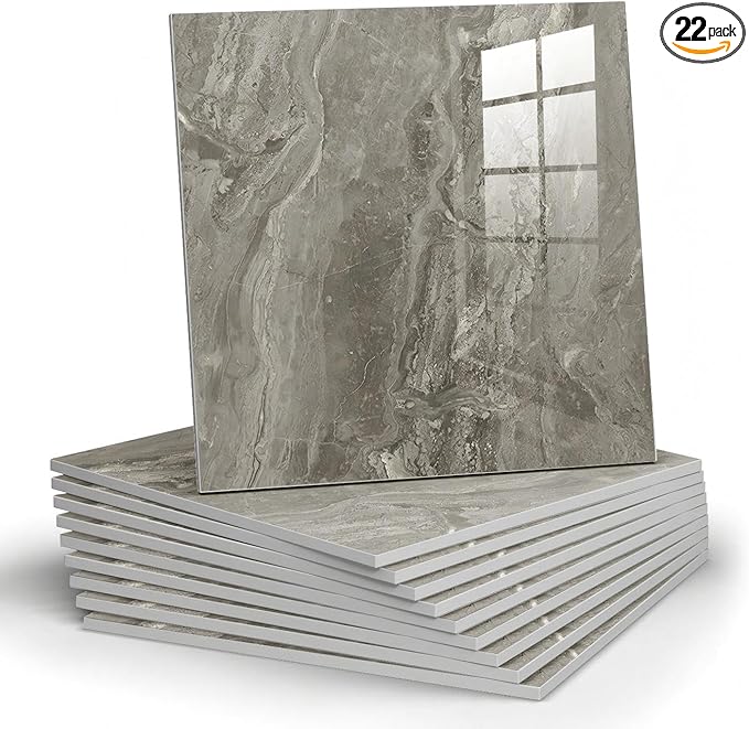 Chejiaye 22pcs Marble Peel and Stick Backsplash Waterproof Washroom Wall Panels, Peel and Stick Tile, PVC Foam Wall Panels for Kitchen,Bathroom,Living Room,Grey (Not Real Tile,11.8" x 11.8")