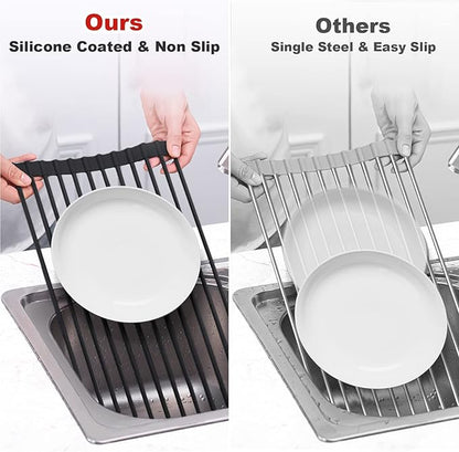 MERRYBOX Roll Up Dish Drying Rack, Silicone Wrapped Over The Sink Dish Rack Foldable Dish Drainer Anti-Slip Dish Racks for Kitchen Counter, Multipurpose Kitchen Sink Drying Rack, 18" x 13", Black