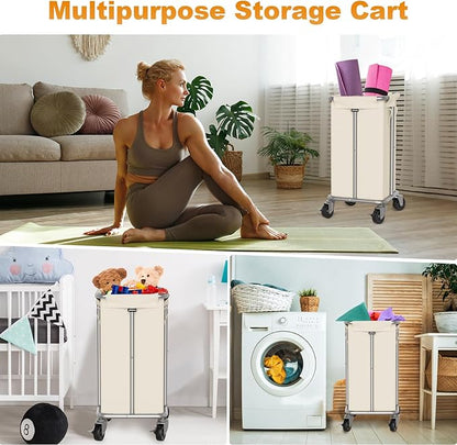 Laundry Basket with Wheels, 115L Rolling Laundry Hamper Large Dirty Clothes Hamper Cart with Steel Frame and Removable Bag, Bedroom Bathroom Dorm Room Laundry Room Organization Hampers, Beige