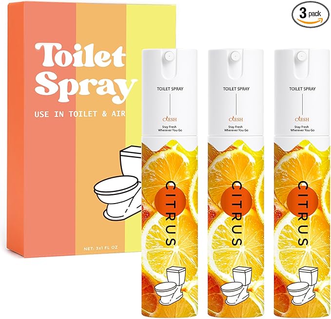 Travel Size Toilet Spray, Bathroom Odor Eliminator, 3 Pack, 1 fl oz Each, Up to 150 Uses, For Home and Travel, Essential Oils Freshener Spray, Citrus Scent