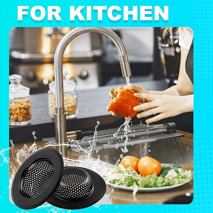 Sink Drain Strainer, 2 PCS Kitchen Sink Strainer - Upgraded Large Wide Rim 4.5" Diameter Stainless Sink Strainers for Kitchen Sinks, Suitable for Most Sink Drains, Anti Clogging - Regular Black