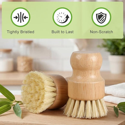4 Pack Bamboo Dish Brush Set, Natural Kitchen Scrub Brush with Sisal Bristles, Wooden Dish Scrubber for Cleaning Dishes, Pots, Vegetables and Sink