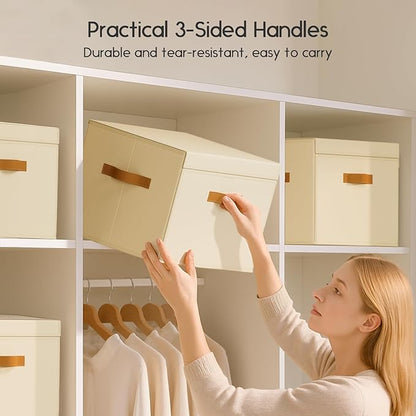Large Storage Bins with Lids - Front Opening Fabric Storage Bins, Flap Closet Organizer with Handles, Collapsible Boxes with Lid, Decorative Basket for Home, Dorm, 4 Pack, Beige