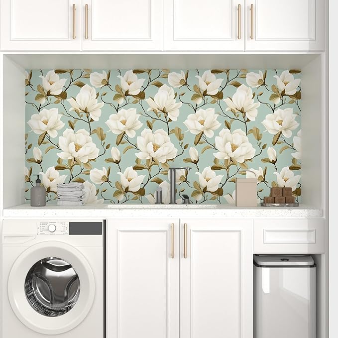 Modern Green White Flowers Wallpaper Blue Floral Peel and Stick Contact Paper 17.5"X118" Vinyl Waterproof Self Adhesive Removable Boho Modern Botanical Wall Paper for Bedroom Walls Cabinet Locker