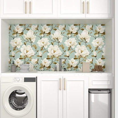 Modern Green White Flowers Wallpaper Blue Floral Peel and Stick Contact Paper 17.5"X118" Vinyl Waterproof Self Adhesive Removable Boho Modern Botanical Wall Paper for Bedroom Walls Cabinet Locker