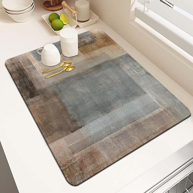 MCALK Brown Dish Drying Mat for Kitchen Counter, Dark Brown Dish Drying Pad with Anti-Slip Rubber Base, Absorbent Kitchen Sink Mat with Abstract Art Decor (1 pc 18" x 16")