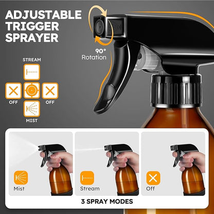 Tecohouse 2 Pack 360° Amber Glass Spray Bottles with Silicone Sleeve, 8 oz Empty Refillable Containers with Adjustable Spray Nozzles, Dark Spray Bottles for Cleaning Solutions, Plants (Black & Brown)