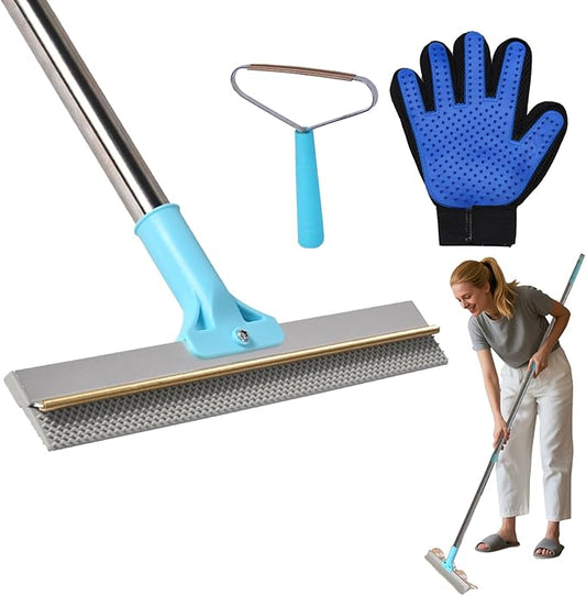 2 in 1 Carpet Rake for Pet Hair Removal Tool 54" Long Handle Rug Rake Dog Cat Hair Remover Broom with Dog Hair Grooming Glove Metal Pet Hair Removal Pro for Woodfloor Mat Stair Couch Car (Blue)