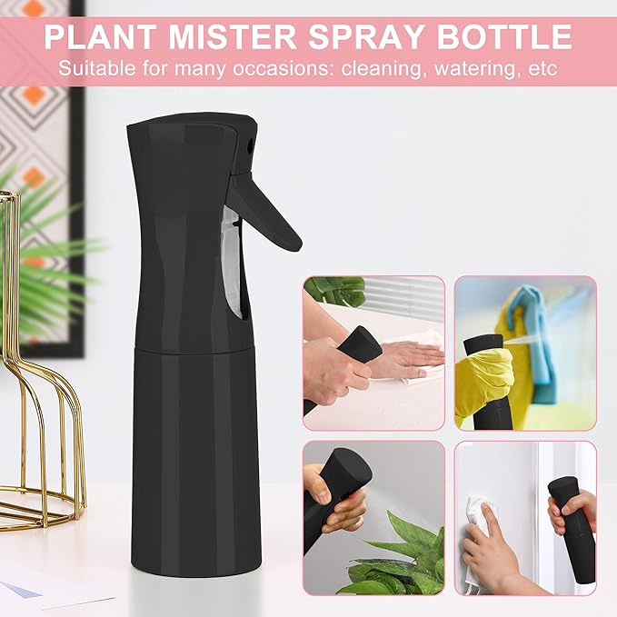 (Black Hair Mister Spray Bottle，Spray Water Bottle Fine Mist Refillable Plants（6.8OZ /200ML） Barber，Showering Pets, Plants, travel, Ironing and Cleaning ﻿ ﻿ ﻿(Continuous Spray)