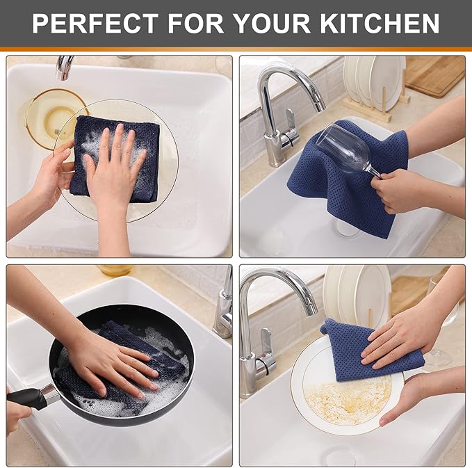 Kitinjoy 100% Cotton Kitchen Dish Cloths (12 X 12 Inches, Navy Blue), 6 Pack Waffle Weave Ultra Soft Absorbent Dish Towels for Drying Dishes Quick Drying Kitchen Towels Dish Rags