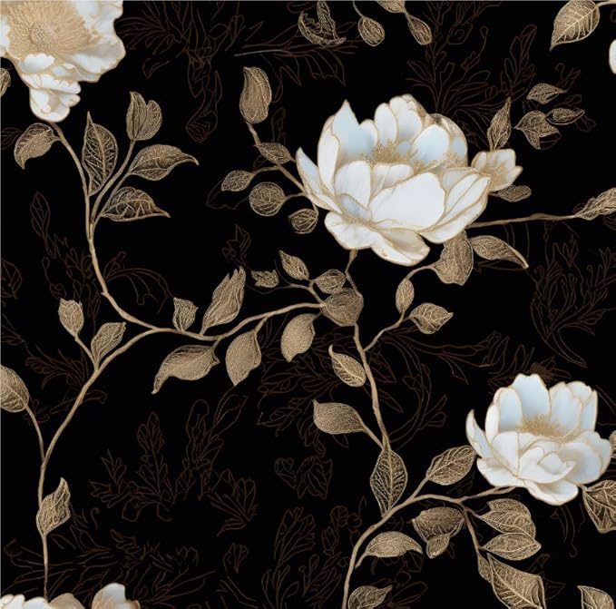 Laatse Black Golden Floral Peel and Stick Wallpaper Flowers Contact Paper 17.5" x 197" Self Adhesive Waterproof Vintage Dark Floral Wall Paper for Shelf Liner Cabinet Decor