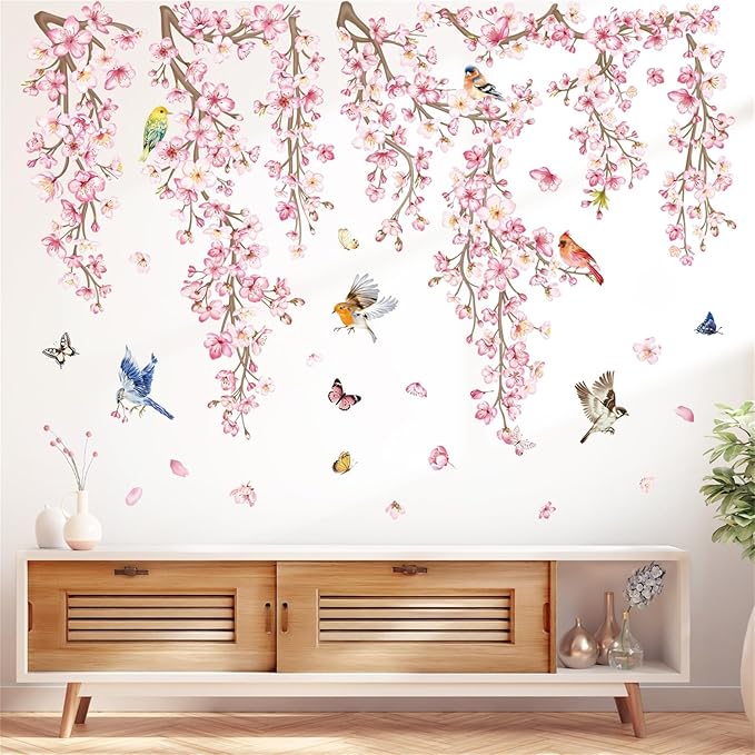 wondever Cherry Blossom Flower Vine Wall Stickers Pink Hanging Floral Tree Branch Birds Peel and Stick Wall Art Decals for Bedroom Living Room Sofa