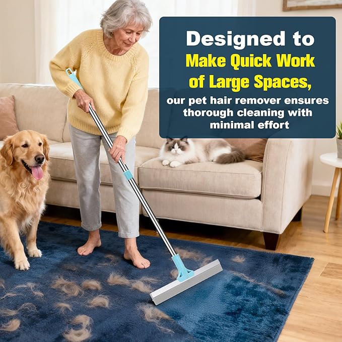 AIERSA Multifunctional Carpet Rake for Pet Hair Removal Tool 2 in 1 Metal and TPU Matted Carpet Scraper 54" Dog Hair Broom with Electrostatic Remover Glove for Couch Furniture Car