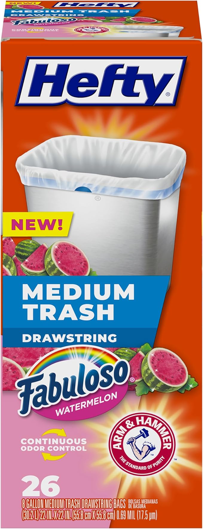 Hefty Medium Trash Bags, Fabuloso Watermelon Scent, 8 Gallon, 26 Count
