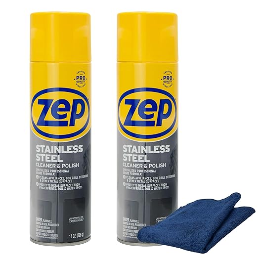 Zep Stainless Steel Cleaner & Polish 14 oz (2 Units) & a Microfiber Rag ECBD029-2-Pack Fingerprint Remover and Polish for Stainless Steel Refrigerators, Dishwashers, & Appliances with a Reusable Rag
