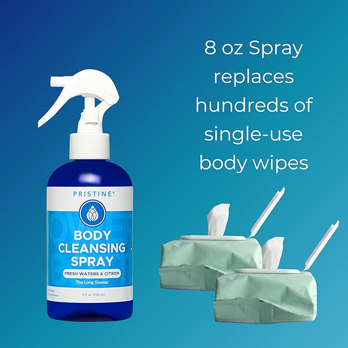 PRISTINE Body Cleansing Spray, No Rinse Waterless Body Wash Spray for Women & Men, Post Workout and Shower Alternative, Dry Shower for Camping, Travel and Elderly Care, Fresh Waters & Citron