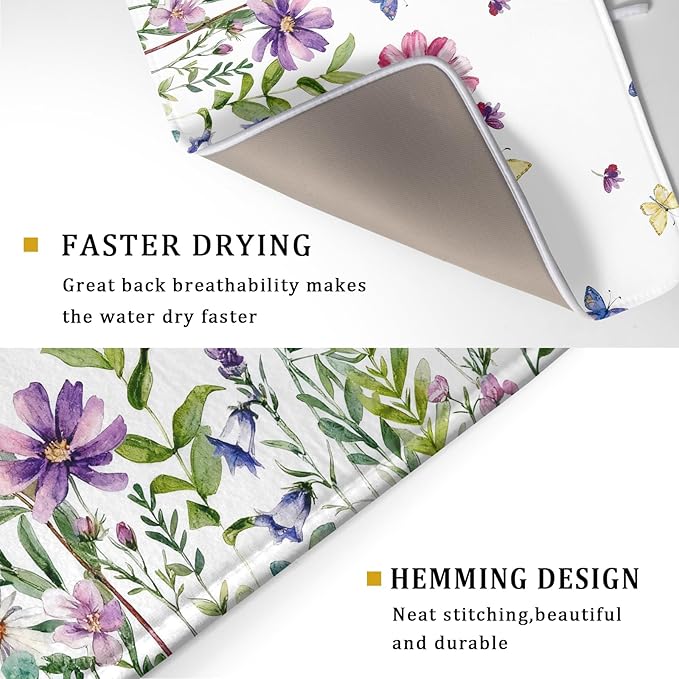 Wildflower Dish Drying Mat for Kitchen 24x18 Inch Colorful Floral Butterfly Drying Mat with Absorbent Reversible Microfiber Season Spring Dish Drainer Mats Rack Pad for Coffee Countertop Protector