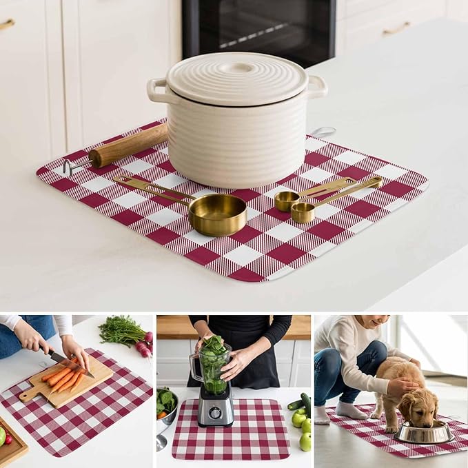Dish Drying Mat Wine Red Buffalo Check Plaid Drying Mats for Kitchen Counter Farmhouse Style Absorbent Microfiber Dish Drainer Quick Drying Coffee Mat with Hanging Loop, 16 x18 inch