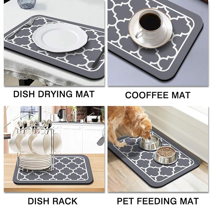 Dish Drying Mat for Kitchen Counter 2 Pack with Non-Slip Rubber Backing - Heat-Resistant Absorbent Coffee Bar Mat, Dish Rack Mat, Gray Texture Dish Drying Mats 18x24+19.5x12 inch