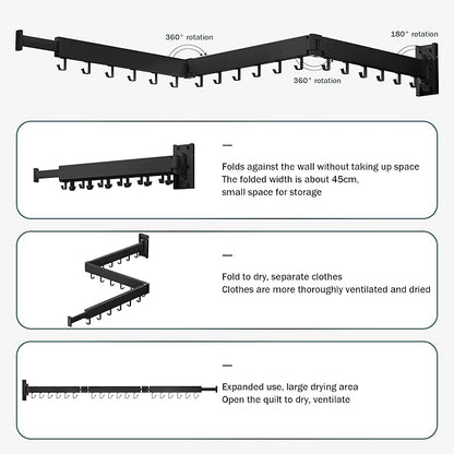 Drying Rack Clothing,Clothes Drying Rack Wall Mounted,Collapsible Hanging Racks for Laundry,Laundry Drying Rack,Wall Mounted Clothes Rack(31.5"-White) (Black-Hooks, Tri-Fold)