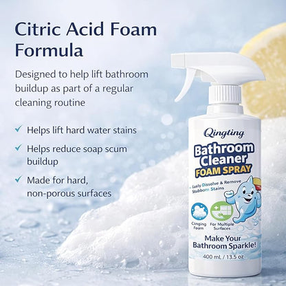 Bathroom Cleaner Foam Spray, Citric Acid Formula for Hard Water Stains & Toilet, Bathroom Surface Cleaner for Tile, Glass & Porcelain, 400 mL / 13.5 Fl Oz (1)