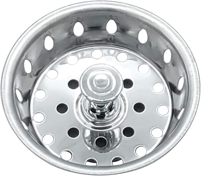 Replacement Kitchen Sink Stainless Steel Basket Strainer with Prong and Rubber Stopper, Universal Fit, 3-1/2 Inch Chrome