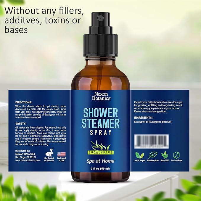 Eucalyptus Shower Steamer Spray 2 fl oz – Aromatherapy Shower Mist with Essential Oils – Eucalyptus Steam Spray for Sauna, Spa, Bathroom & Room – Nexon Botanics