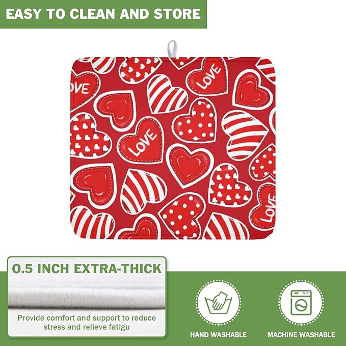 Valentines Day Dish Drying Mat for Kitchen Counter Red Polka Dot Stripe Love Heart Pattern Drying Mat 16x18 Inch Valentines Holiday Absorbent Dish Drainer Mat Kitchen Accessories