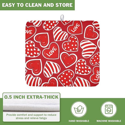 Valentines Day Dish Drying Mat for Kitchen Counter Red Polka Dot Stripe Love Heart Pattern Drying Mat 16x18 Inch Valentines Holiday Absorbent Dish Drainer Mat Kitchen Accessories