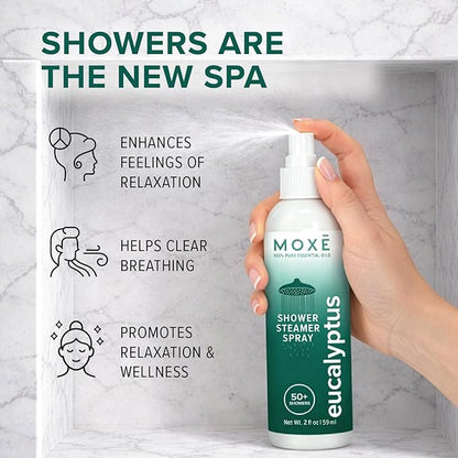 MOXĒ Eucalyptus Oil Shower Mist, Spa Steam Spray, Certified Natural 100% Essential Oils, Made in USA, Aromatherapy, Sinus Congestion Relief, Tension Relief, 4 Ounces