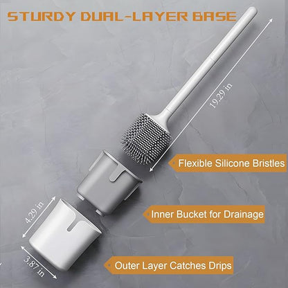 Silicone RV Toilet Bowl Brush and Holder Set, Wall Mount Camper Toilet Brush for Travel Trailer/Camper Bathrooms, Convenient for Cleaning Toilet and Cracks. (Gray-White)