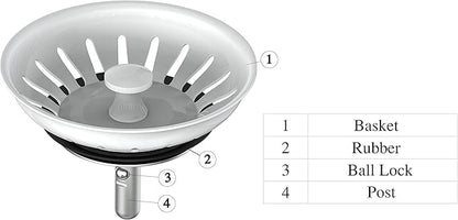 KANARY Kitchen Sink Basket Strainer Replacement for Standard Drains (3-1/2 Inch) Stainless Steel Body with Rubber Stopper (Pack of 2, White)