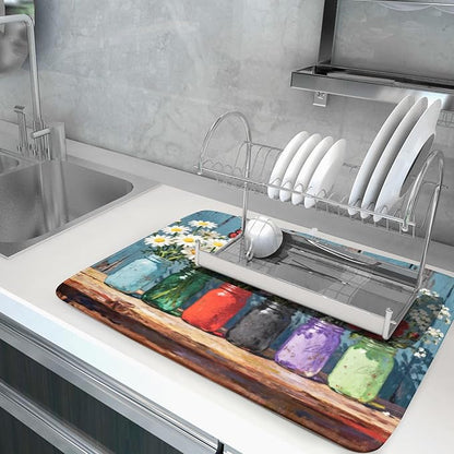 Spring Summer Floral Dish Drying Mat for Kitchen Counter 18x24 Woodgrain Colorful Flower Butterfly Seasonal Absorbent Reversible Microfiber Drying Mats Kitchen Countertop Protector Dishes Drainer Pad