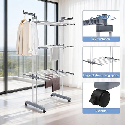 Foldable Clothes Drying Rack, 4 Tier Metal Clothes Rail with Wheels 7 Windproof Hooks Clothes Horses Rack Laundry Garment Dryer Stand with 2 Side Wings Indoor, Outdoor, Bedroom, Loft (Gray)