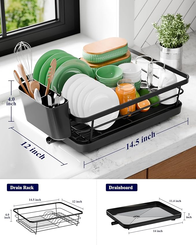 Kitsure Dish Drying Rack - Compact Dish Rack with Utensil Holder & Adjustable Water Outlet, Rust-Proof & Scratch-Resistant Drying Rack for Kitchen, 14.5" x 12.0" x 4.0", Black
