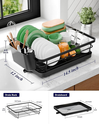 Kitsure Dish Drying Rack - Compact Dish Rack with Utensil Holder & Adjustable Water Outlet, Rust-Proof & Scratch-Resistant Drying Rack for Kitchen, 14.5" x 12.0" x 4.0", Black