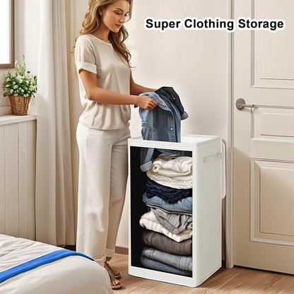 Odonata 75L Slim Laundry Hamper with Lid,Large Foldable Laundry Basket with Removable Bag and Handles Tall Collapsible Dirty Clothes Basket Great for Bedroom, Bathroom, Dorm, College,RV. (Beige, 75L)