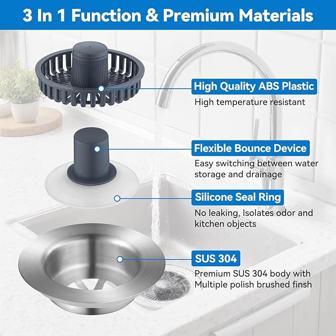 Upgraded 3-in-1 Kitchen Sink Drain Strainer, Stainless Steel Pop Up Kitchen Sink Stopper, Drain Plug for 3.5 Inch Sink Drain Hole, with Anti-Clogging Sink Strainer Basket Filter, Brushed Silver