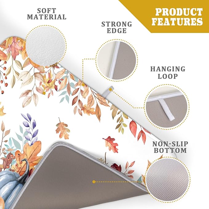 Fall Watercolor Pumpkin Dish Drying Mat 18 x 24 Inch With Absorbent Reversible Microfiber Maple Leaf Autumn Thanksgiving Harvest Drying Mats Dish Drainer Mat Fast Dry For Kitchen Dining Room Decor