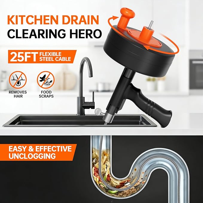 25FT Heavy Duty Drain Auger, Professional Plumbing Snake with Drill Adapter, Manual & Powered Clog Remover for Kitchen, Bathroom, Shower Sink & Bathtub, Flexible Pipe Snake Cleaner with Gloves