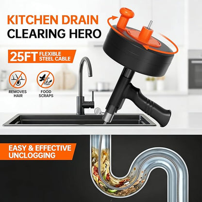 25FT Heavy Duty Drain Auger, Professional Plumbing Snake with Drill Adapter, Manual & Powered Clog Remover for Kitchen, Bathroom, Shower Sink & Bathtub, Flexible Pipe Snake Cleaner with Gloves