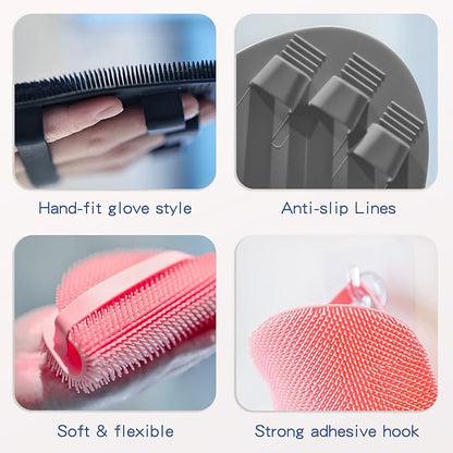 Manmihealth Silicone Back Scrubber(Thick Bristles) & Soft Bath Glove Set, Super-Exfoliating Body Scrubber & Super-Lathering Shower Brush Combination, with a Free Hook.(Gray)