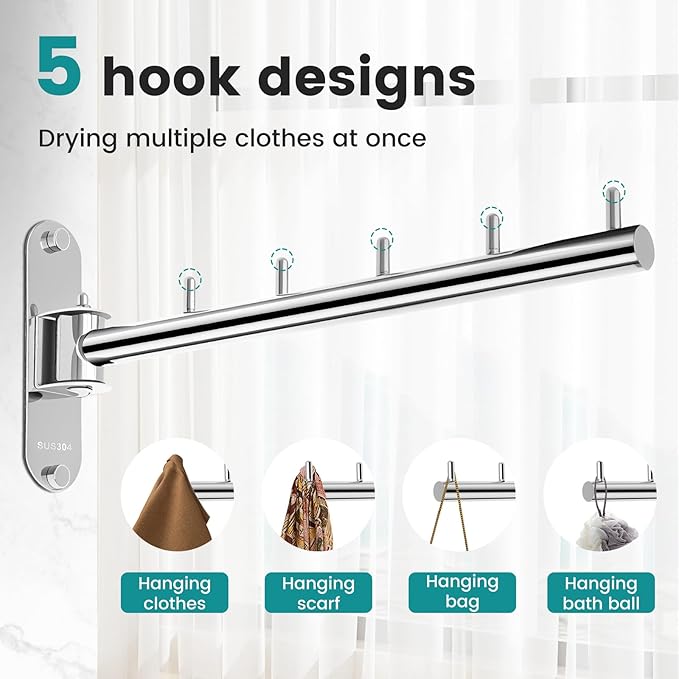 Wall Mounted Clothes Hanger Rack Swing Arm, Folding Clothes Hanger Space Saving Drying Rack Stainless Steel Laundry Room Valet Hook Holder Foldable Hanging Hook Rod for Laundry Closet Bedroom